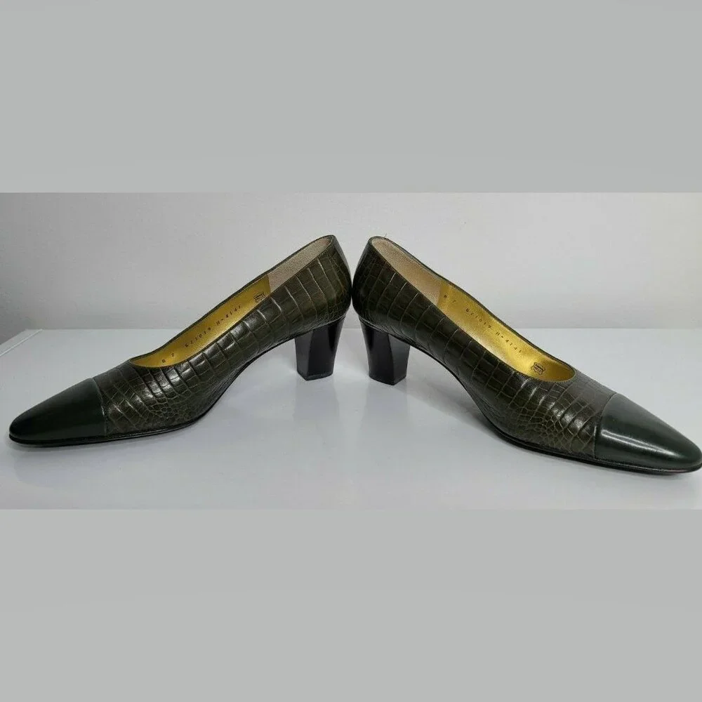 BRUNO MAGLI Womens 7 Green Lizard Print Heels Cuir Leather Pump Shoes Italy Made